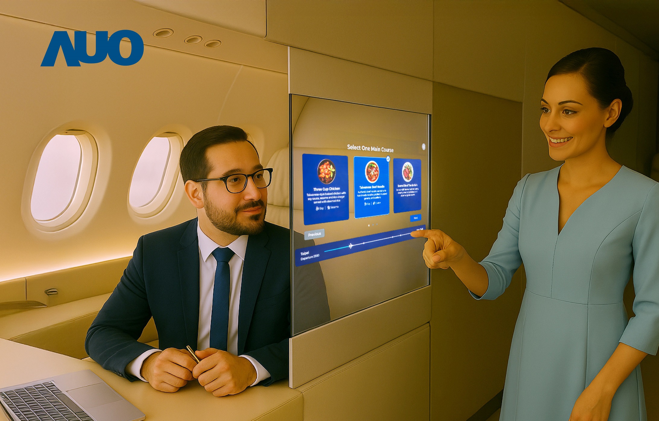 jinnian金年会研发全球最薄17.3 吋双面透明 Micro LED 显示器，可在同一屏幕之双边投射不同信息，创造独特的&rdquo;透明化&rdquo;互动；图为实时翻译交流应用情境