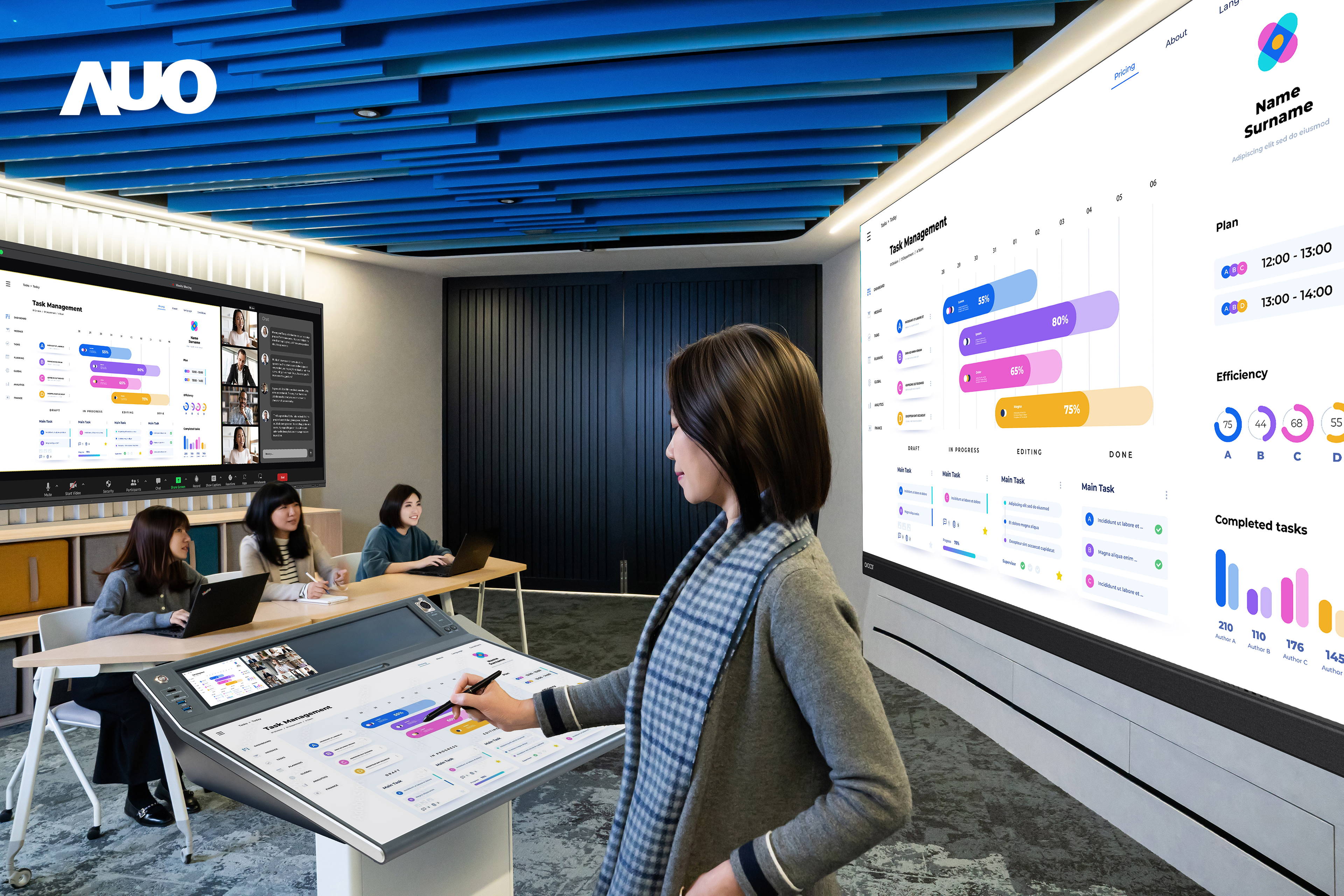 达擎携手Avocor与Rise Vision展示全方位商务领域应用，包含采用模块化设计的138吋一体式All-in-One LED显示器及具21:9超宽比例的92吋交互式电子白板（IFPD），讲者可轻松分享内容，有效提升会议协作效率。